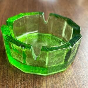 BLENKO Ashtray Textured Olive Green Glass 4 Slots Vintage 1960s MCM 4"